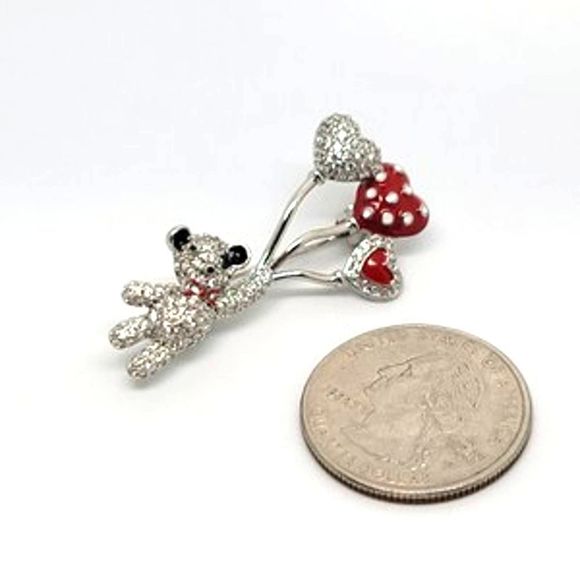 Rhodium Plated Silver Round CZ Bear & Balloons Pin - Picture 2 of 4